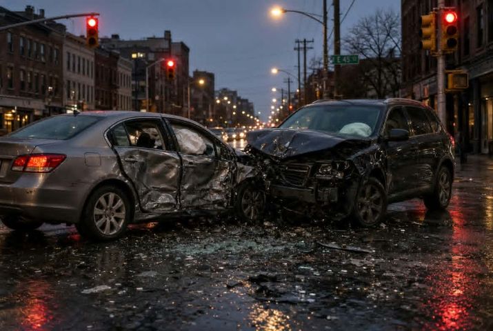 Damaged sports car after a serious road collision
