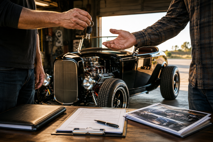 Custom hot rod owner presenting documentation when selling a custom build